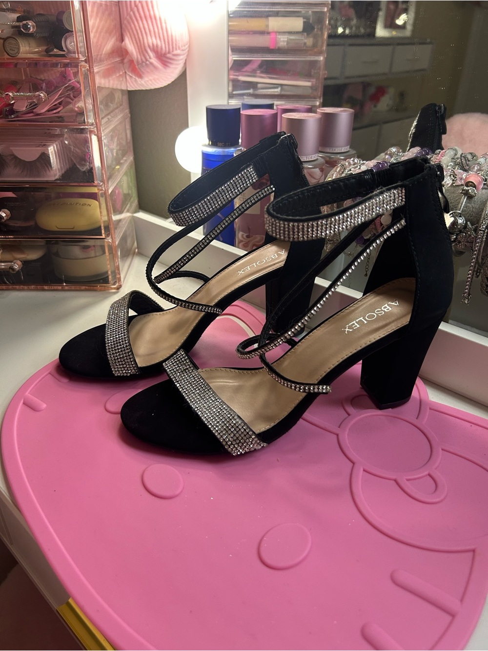 Absolex Black Rhinestone-Strap Block Heels